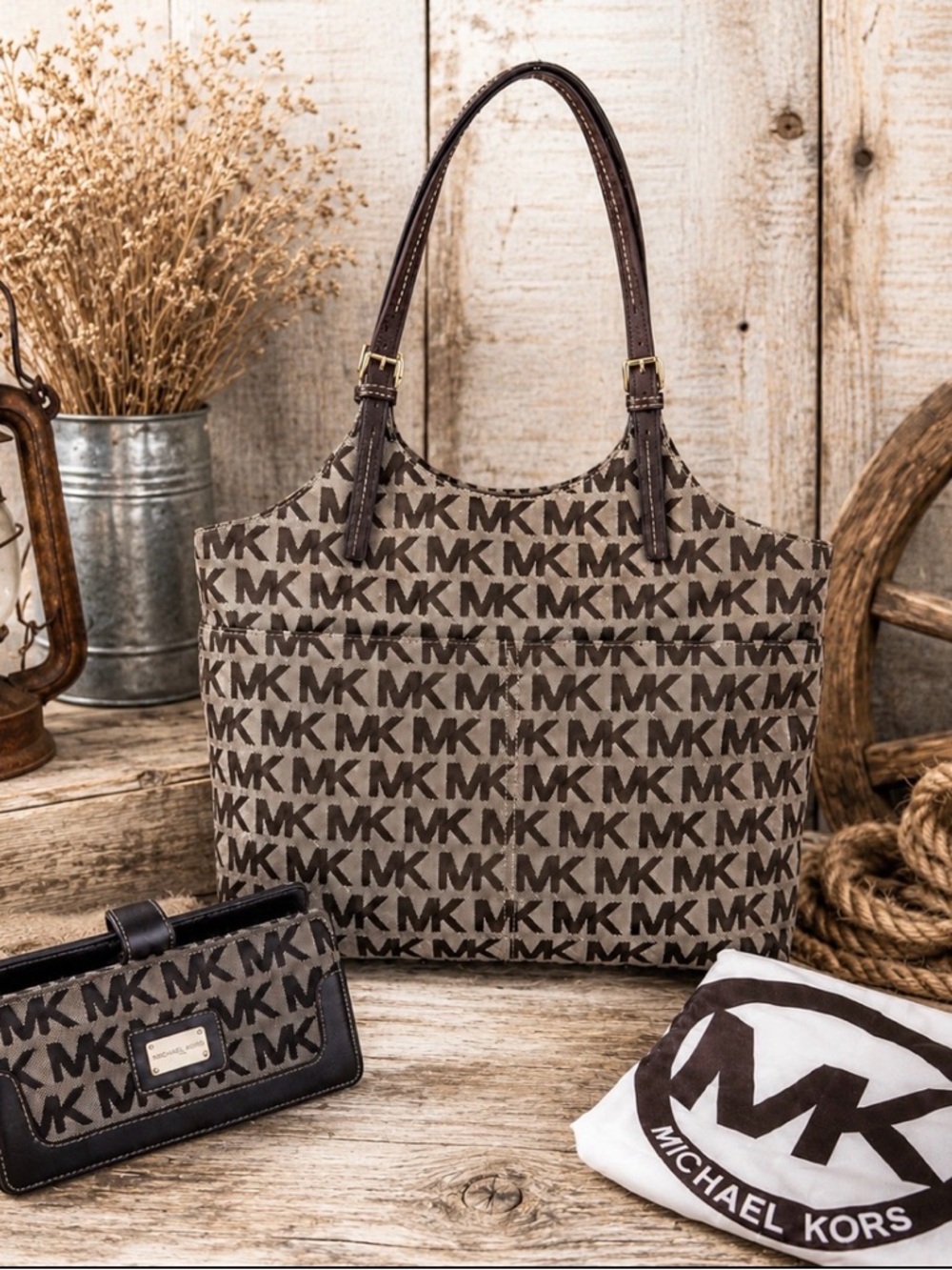 BUNDLE Michael Kors Monogram Tote, Wallet, and Duster Bag